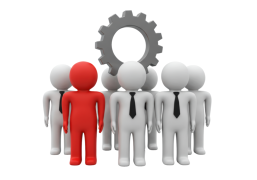 Isolated Group of People Standing with Red Leader and Gray Cog, teamwork leadership idea