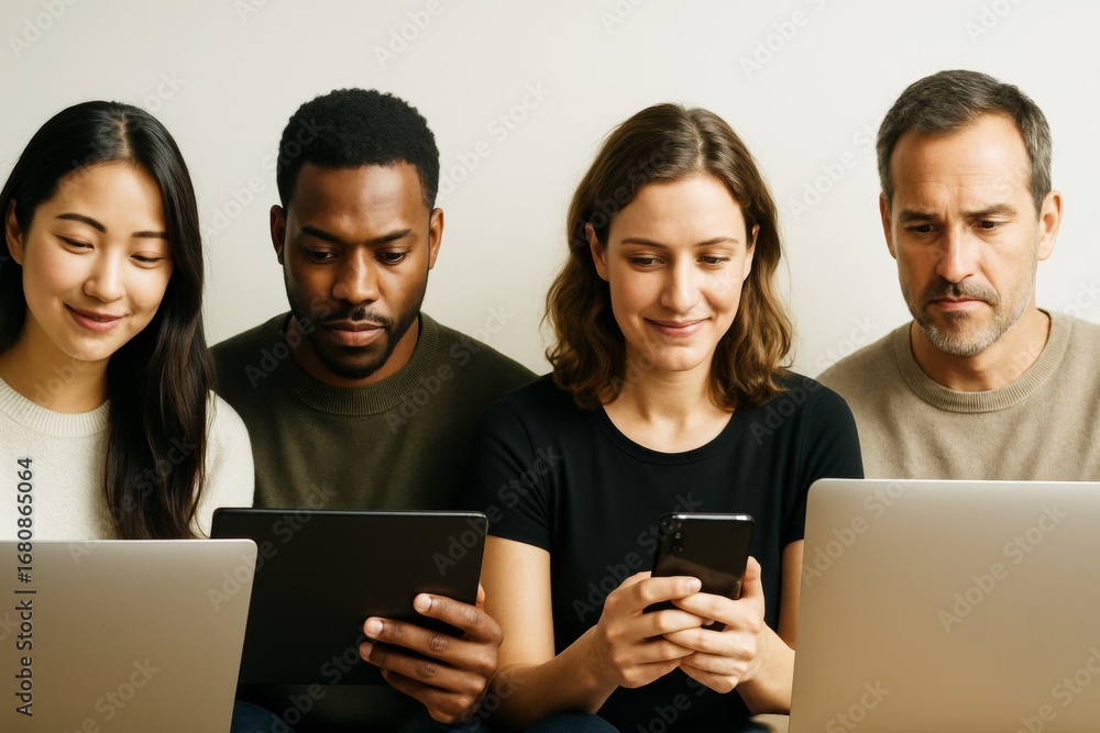 Aufkleber group of diverse people using modern digital devices sitting side by side against a neutral backgrou
