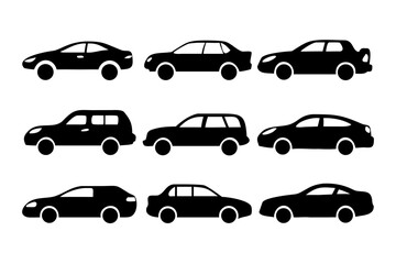 Vector art of set of different car body types various vehicle silhouettes, including sedan, hatchback, coupe, suv, and wagon for transportation design