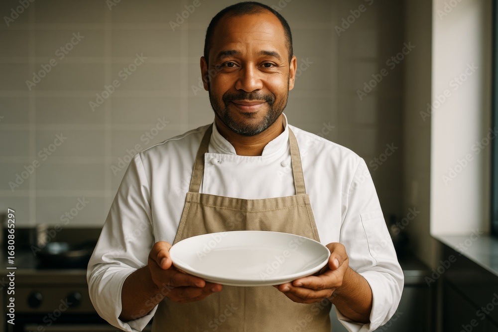 Poster smiling chef in white uniform and brown apron holding empty plate in kitchen with soft natural light
