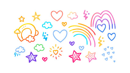 Colorful doodle icons with rainbow and stars hearts
