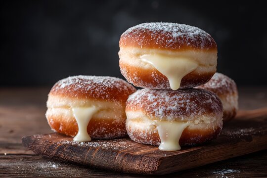 Close-up bomboloni stacked on wooden board with creamy vanilla filling.