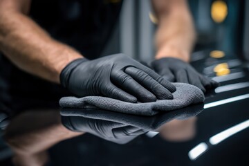 Car detailing service hands in gloves cleaning black vehicle