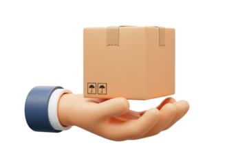 Isolated delivery hand holding cardboard box for shipping, cargo and parcels, 3D illustration