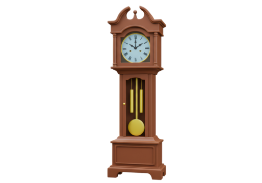 Isolated Grandfather Clock with Swinging Pendulum, Vintage Wooden Timepiece Object