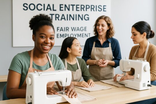 Women learning sewing at social enterprise training for fair wage employment, engaging in teamwork and skill-building activities together. Ai generative