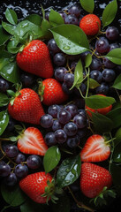 Obraz premium Fresh berries and strawberries with water drops on black background
