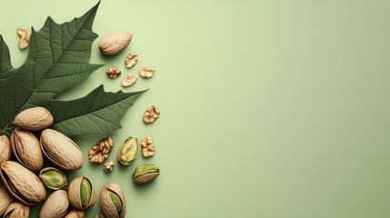 Pistachios and Walnuts with Green Leaf on Light Green Background
