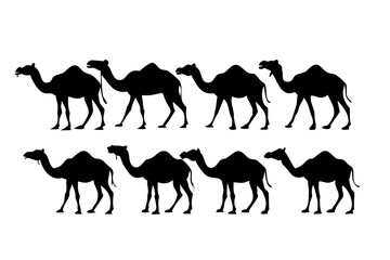 Vector art of silhouette of a camel caravan, depicting a group of animals walking in the desert, perfect for travel and cultural themes