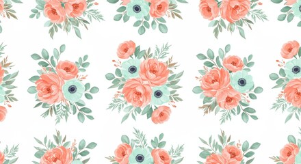 Watercolor floral pattern with peach and teal flowers.
