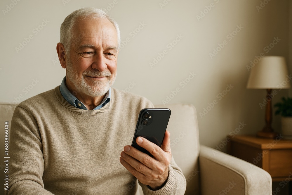 Poster smiling senior man using smartphone while relaxing on beige couch in cozy living room with soft ligh