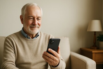 Smiling senior man using smartphone while relaxing on beige couch in cozy living room with soft light and minimal background for copyspace use. Ai generative