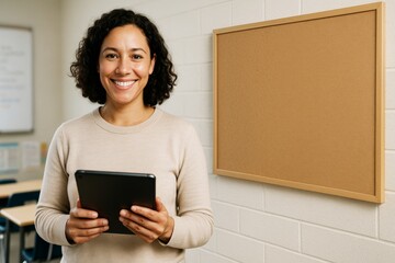 Smiling teacher holding tablet in classroom with blank corkboard on white brick wall for mockup, banner or educational poster background template. Ai generative