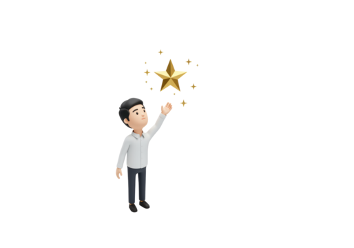 Isolated 3D man reaching for a golden star achieving success with a positive mindset