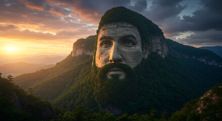 Giant mountain face carved into rock at sunset with lush green beard