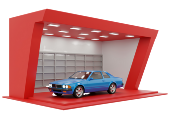 Isolated blue vintage car exhibited in a red automobile gallery with lighting panels above