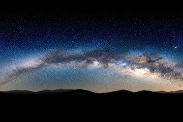Fototapeta premium Panoramic view of a night sky, Milky Way arching over dark mountains