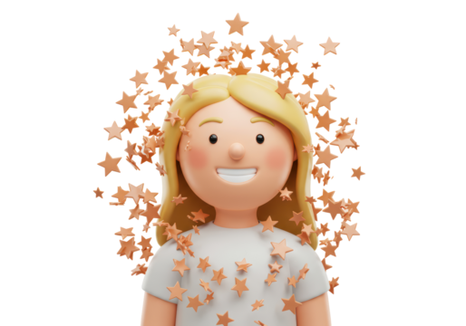 Isolated cartoon girl character with blonde hair and golden stars on fair skin tone