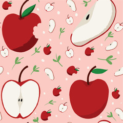 Apple Seamless Pattern with Slices and Leaves