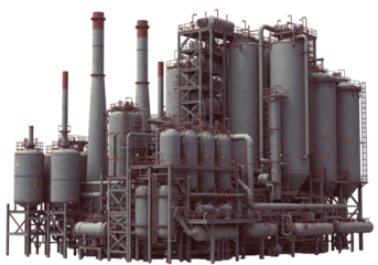 Isolated industrial factory plant illustration with storage tanks and pipelines, no background