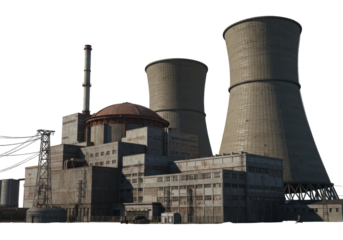 Isolated nuclear power plant industrial facility featuring cooling towers and chimney stack