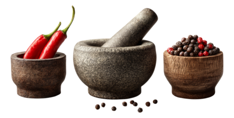 Three Mortar and Pestle Sets with Red Chilies and Peppercorns