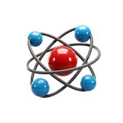 Red nucleus atom model with orbiting blue electrons on black background atomic