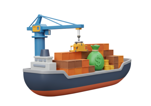 Isolated cargo ship delivering money, trade and commerce of goods overseas globally