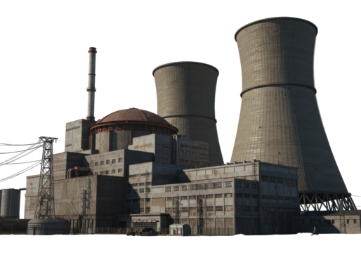 Isolated nuclear power plant industrial facility featuring cooling towers and chimney stack