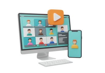 Isolated online conference with participants on computer and phone screens at the office