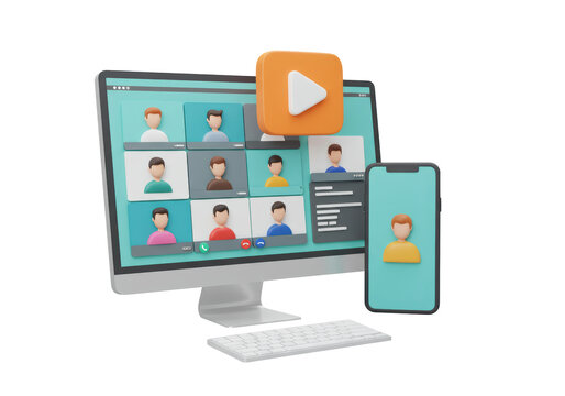 Isolated online conference with participants on computer and phone screens at the office