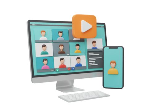Isolated online conference with participants on computer and phone screens at the office