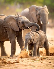 Two playful baby elephants interact playfully in a sunlit savanna, kicking up dust as they frolic.