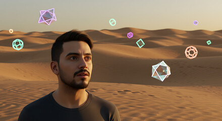 Man contemplating abstract shapes in vast desert landscape at sunset