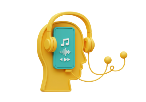 Isolated rendering of a head with music player, entertainment and headphone concept