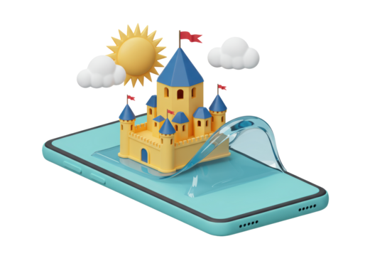 Isolated fantasy castle on mobile phone with curved screen protector dream application icon