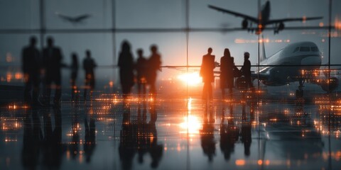 Blurred Airport Scene with Silhouetted Business People and Airplane terminal aircraft