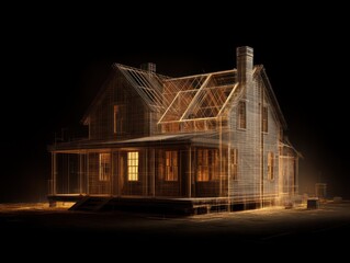 Glowing wireframe house design at night