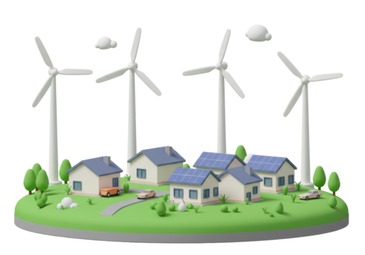 Isolated Cartoon Sustainable Village with Wind Turbines and Solar Panels, Clean Energy Use