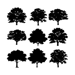 Vector art of collection of various tree silhouettes, perfect for naturethemed designs, forestry projects, or creating natural scene illustrations