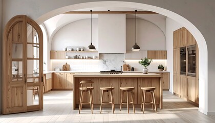 A spacious, light-filled kitchen, showcasing a warm, natural aesthetic with wooden cabinetry, an arched doorway, and pendant lights.