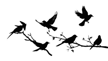 Flock of Birds Perched and Flying branches