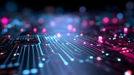 Vibrant digital circuit board with glowing blue and ink data streams, symbolizng advanced technology andconnectivity.