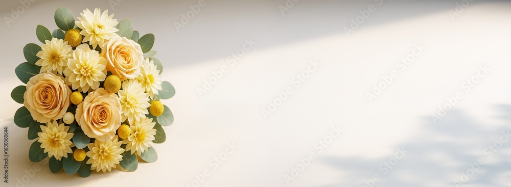 Poster bouquet of soft yellow roses and dahlias with green leaves on beige background with shadow and empty