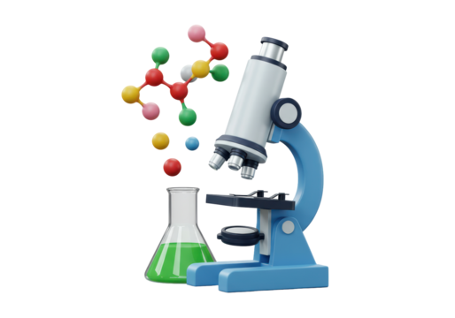 Isolated science research equipment includes microscope, beaker, and molecules for educational use