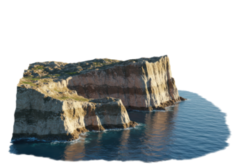 Isolated cliff with grassy top and blue waters, coastal geology and seaside landscape