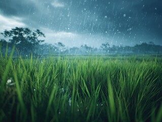 Rainy day in a lush green field