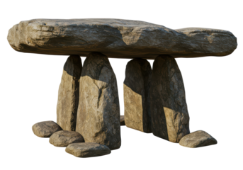 Isolated Dolmen tomb portal in stone composition megalithic structure with no background