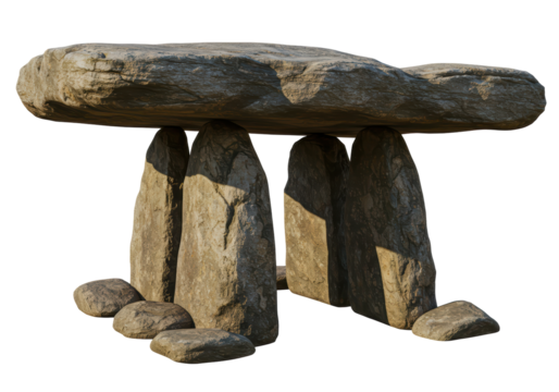 Isolated Dolmen tomb portal in stone composition megalithic structure with no background