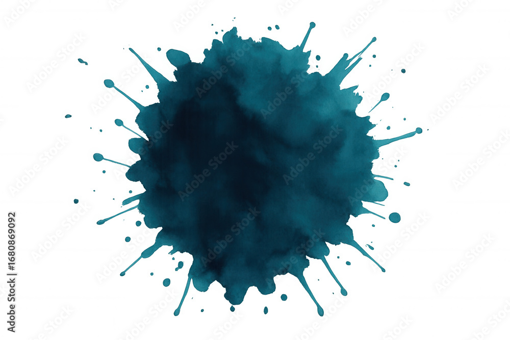 Poster abstract dark turquoise watercolor splash with dynamic splatters and drips, creating a vibrant and t